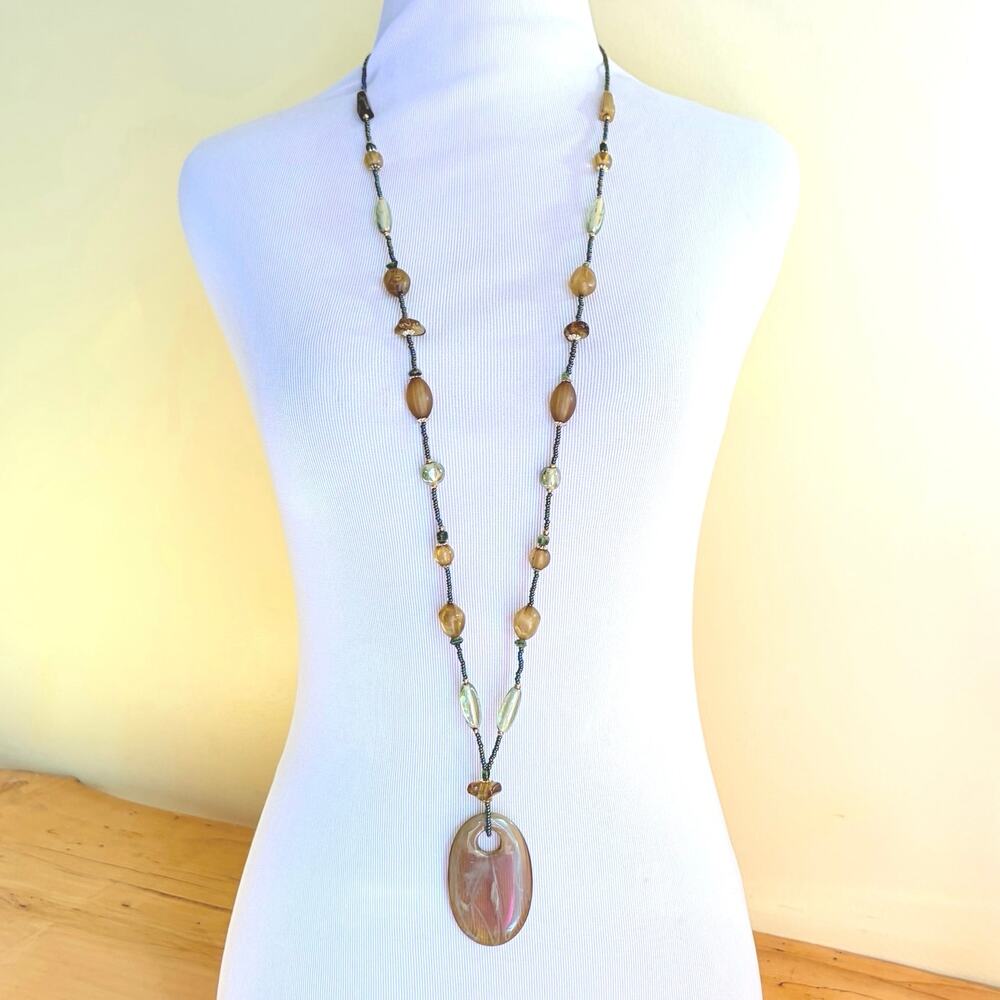 Multi Bead Boho Statement Necklace Large Focal Pendant Earth Tone Sage Green